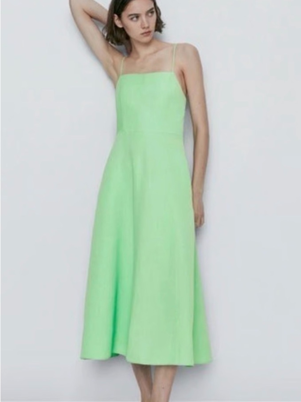 Massimo Dutti Light Green Square-Neck Midi Dress